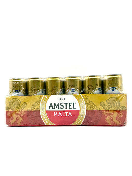 Amstel Malta cans in a cardboard pack on a white background