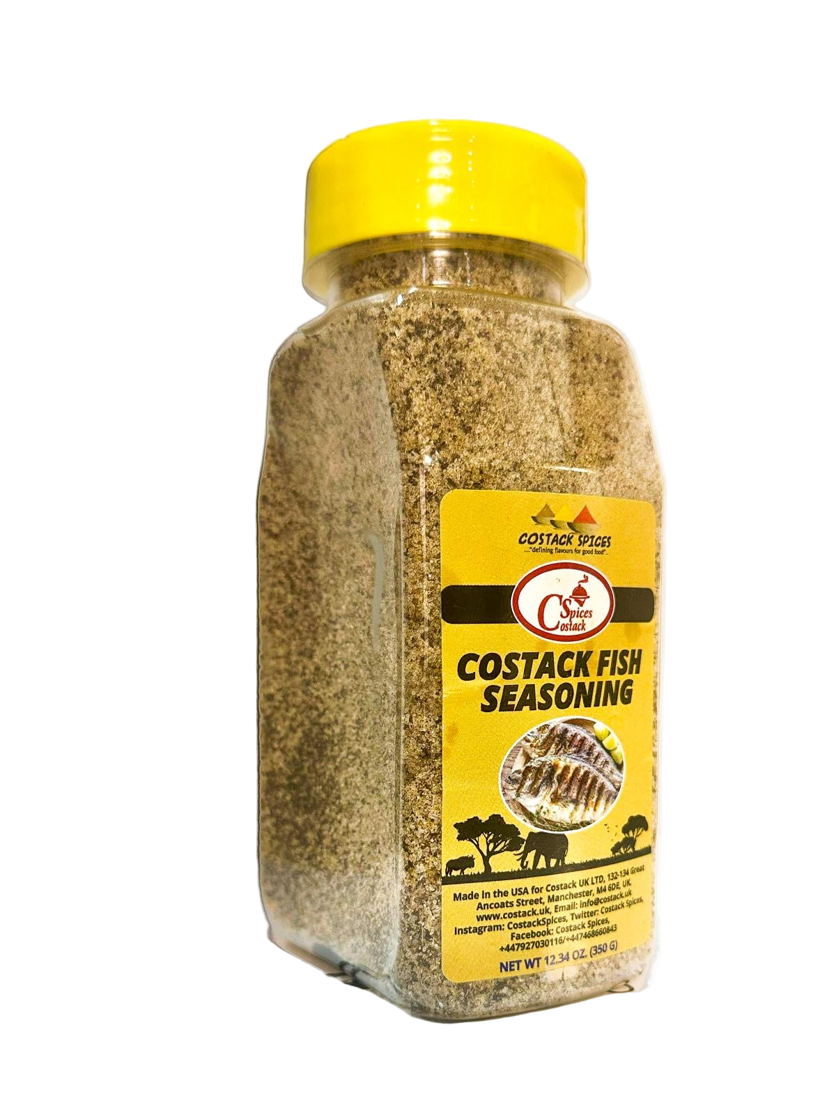 Bottle of Costack Fish Seasoning on a white background