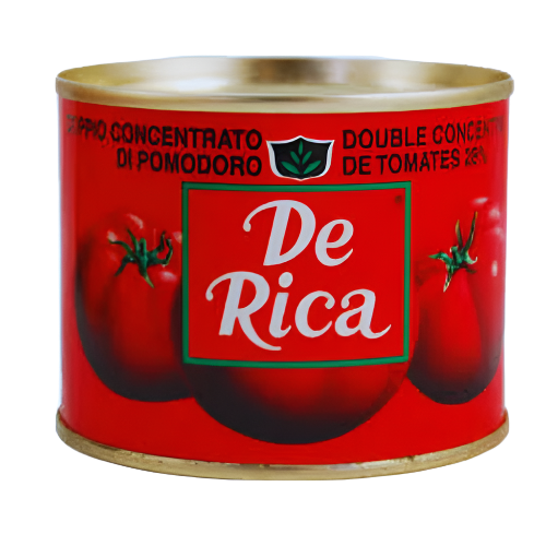 Can of De Rica tomato product with red label and gold lid