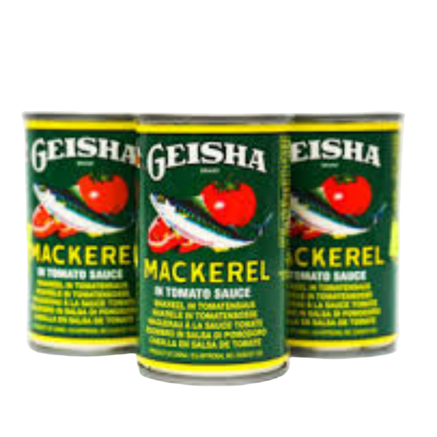Three cans of GEISHA mackerel in tomato sauce on a white background