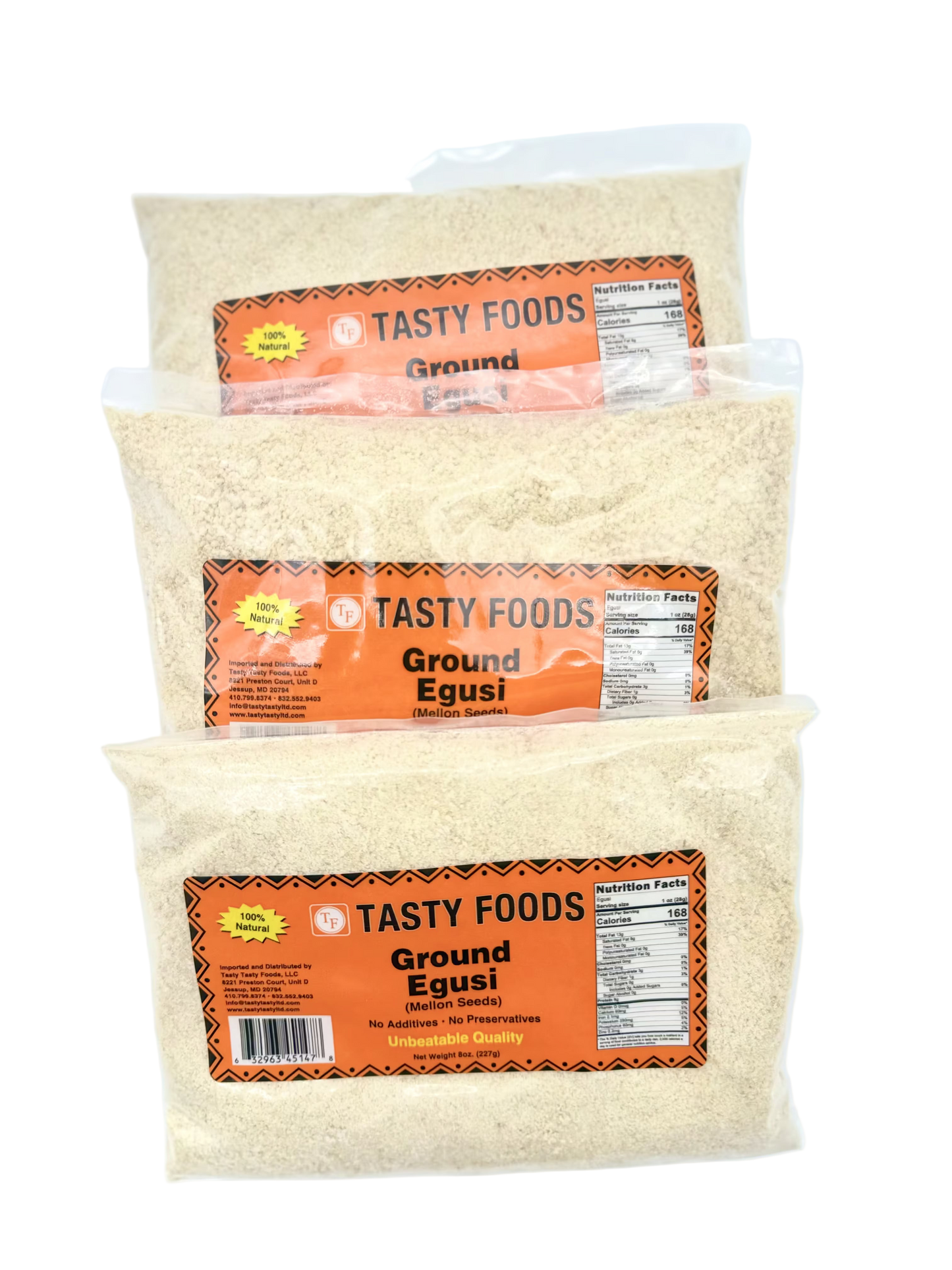 Three packages of Tasty Foods Ground Egusi on a white background