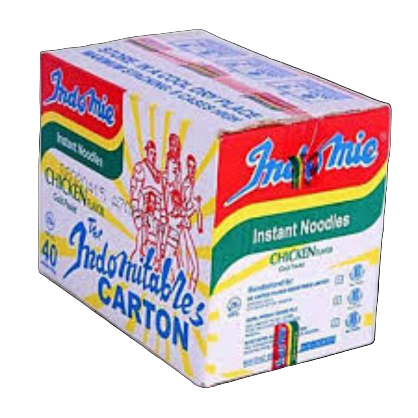 Box of Indomie instant noodles with colorful packaging on a white background
