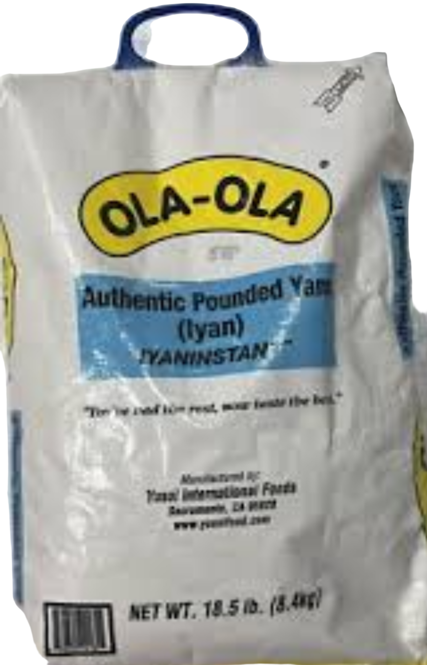 Bag of Ola-Ola Authentic Pounded Yam with branding and product details.