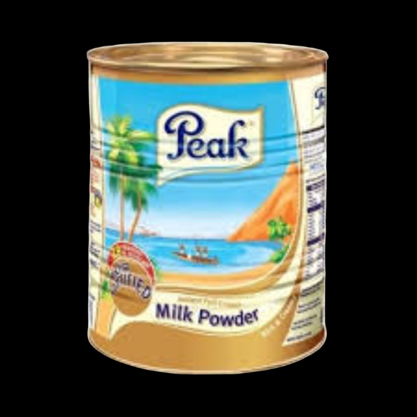 Peak milk powder can with a scenic label on a white background