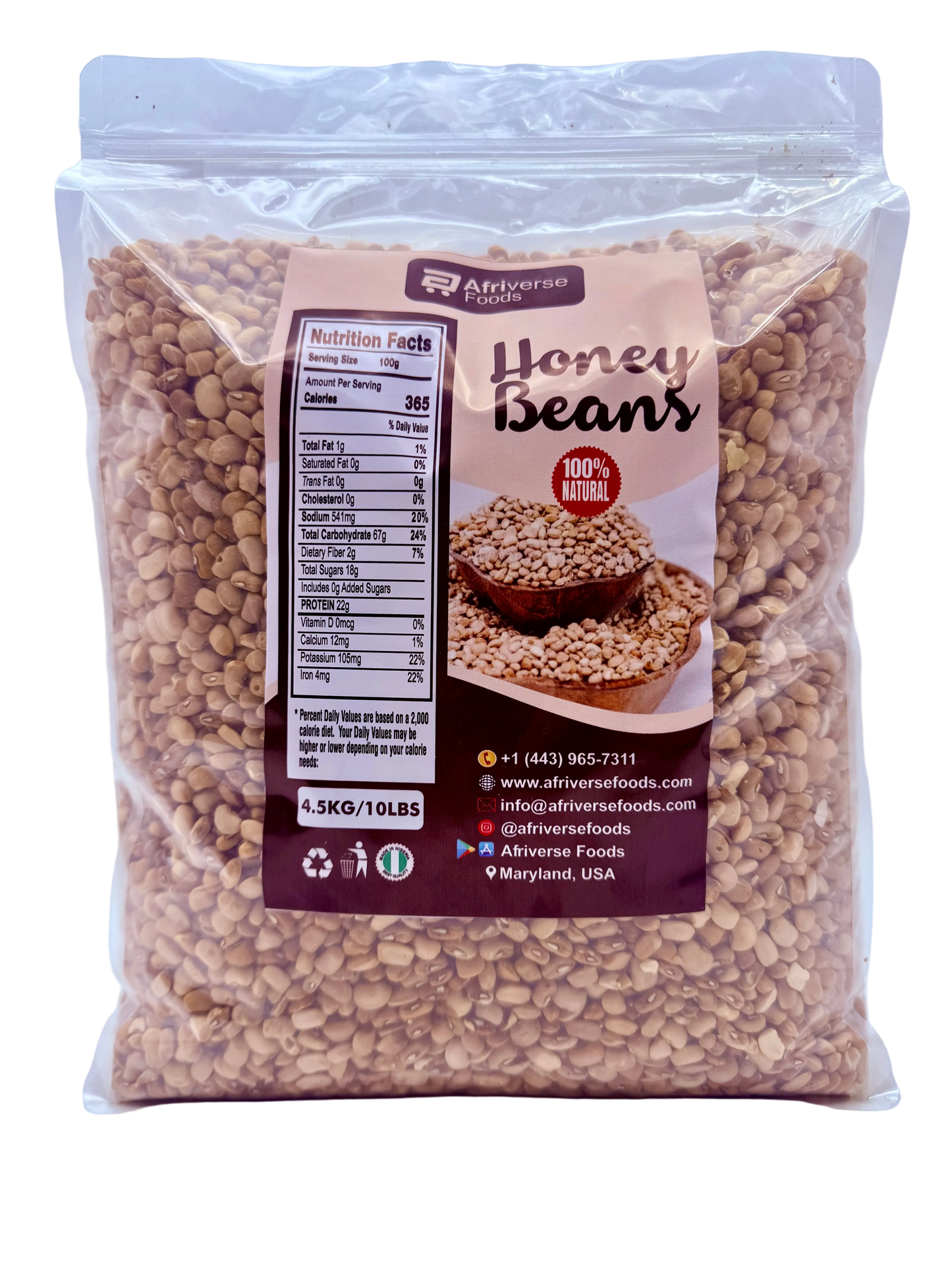 Packaged honey beans with a visible label on a white background