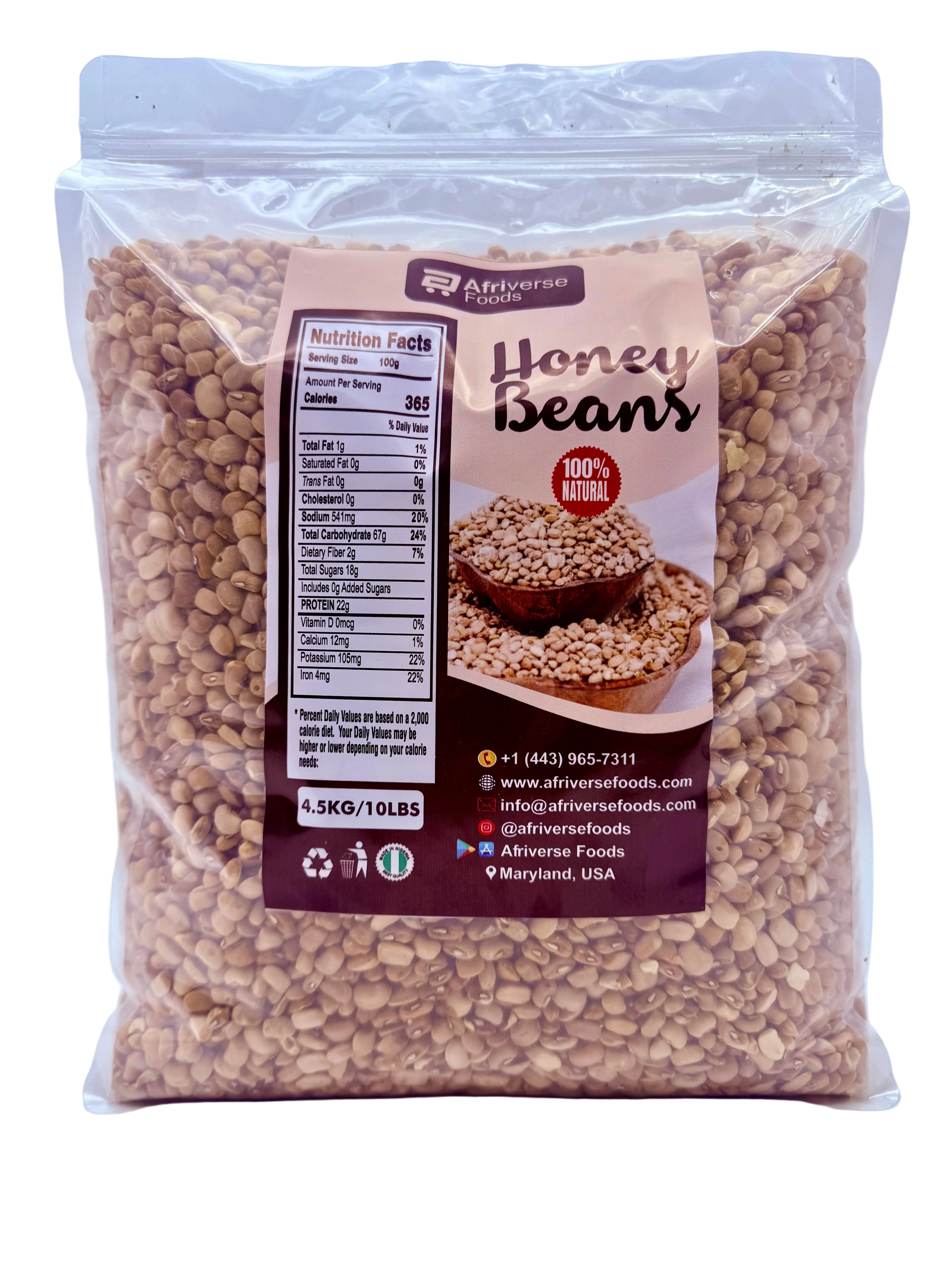 Packaged honey beans with a visible label on a white background