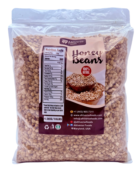 Packaged honey beans with a visible label on a white background