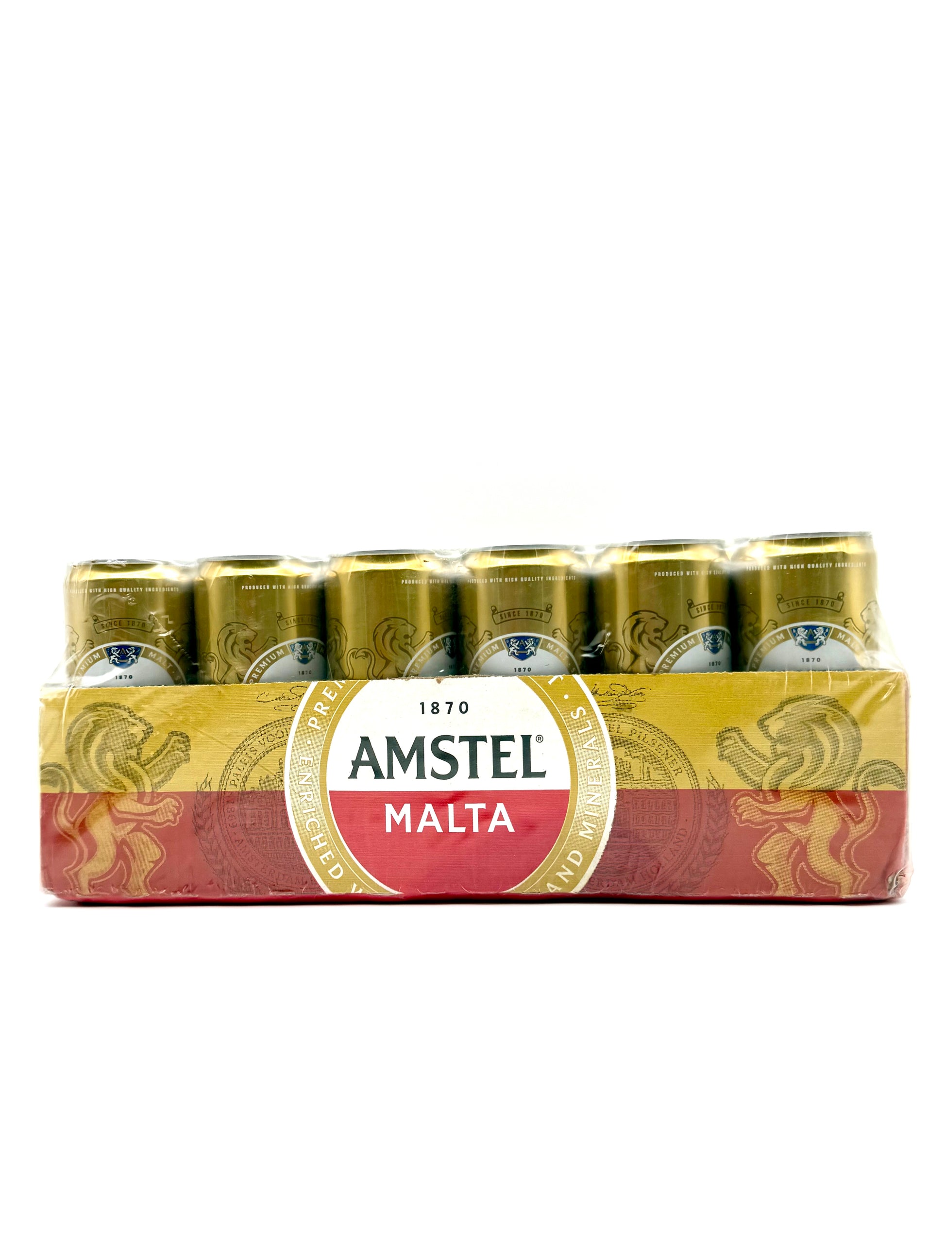 Amstel Malta cans in a cardboard pack on a white background