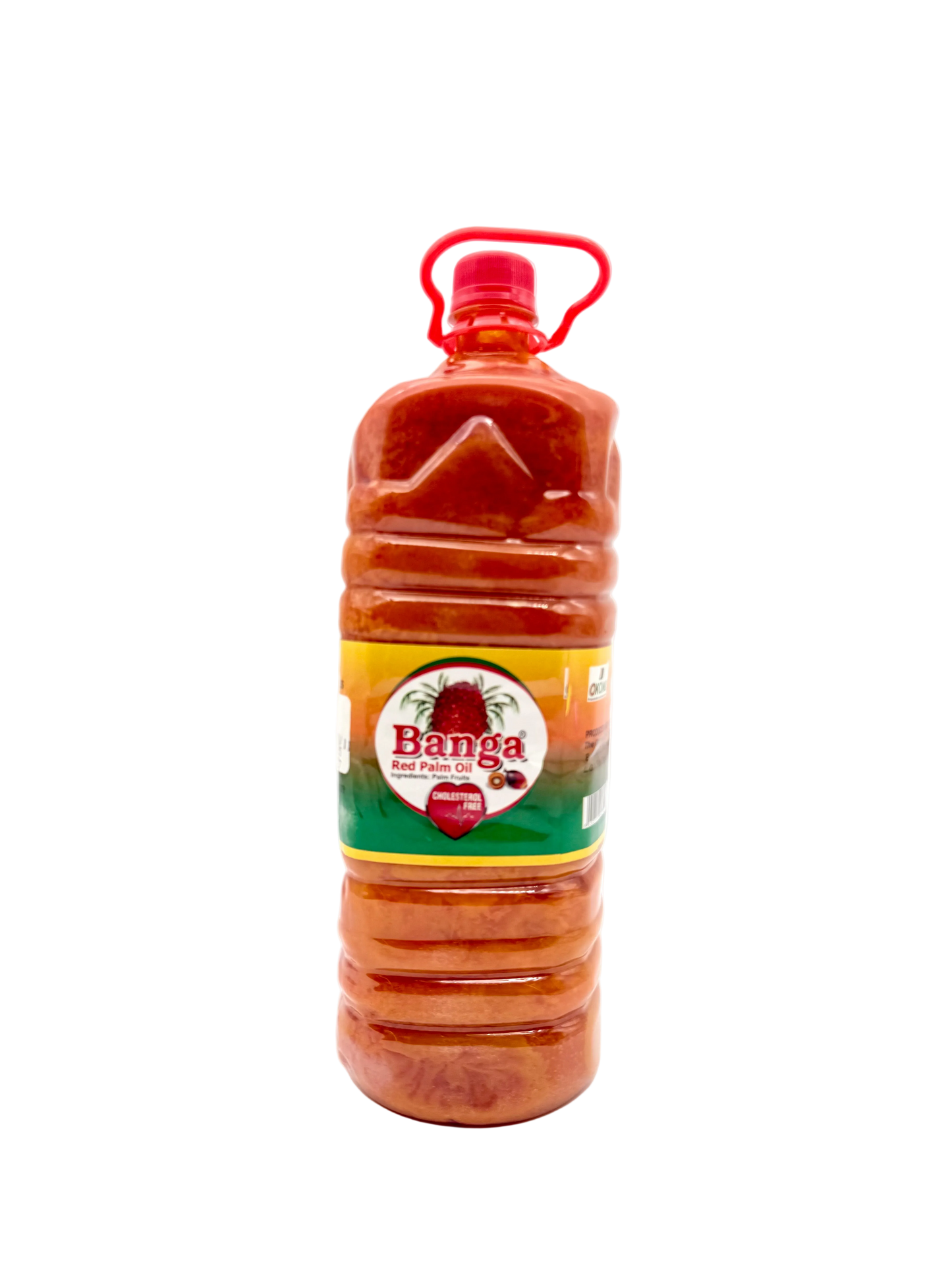Bottle of Banga red palm oil on a white background