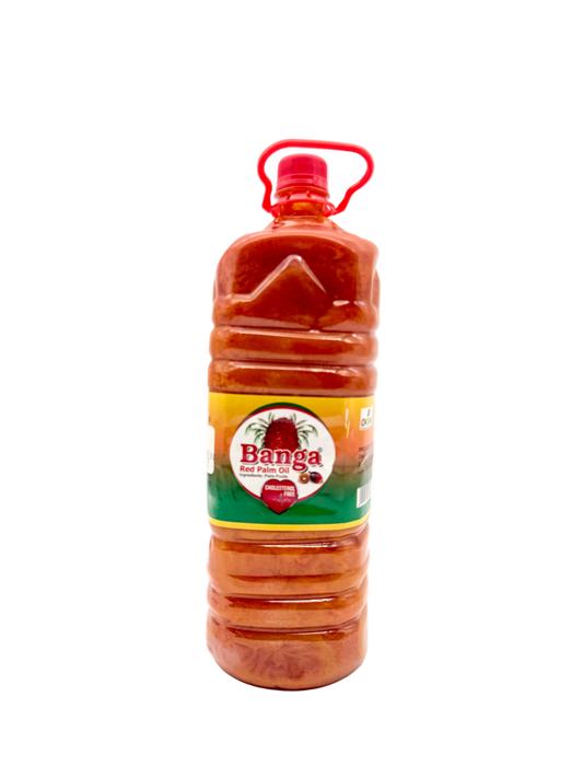 Bottle of Banga red palm oil on a white background