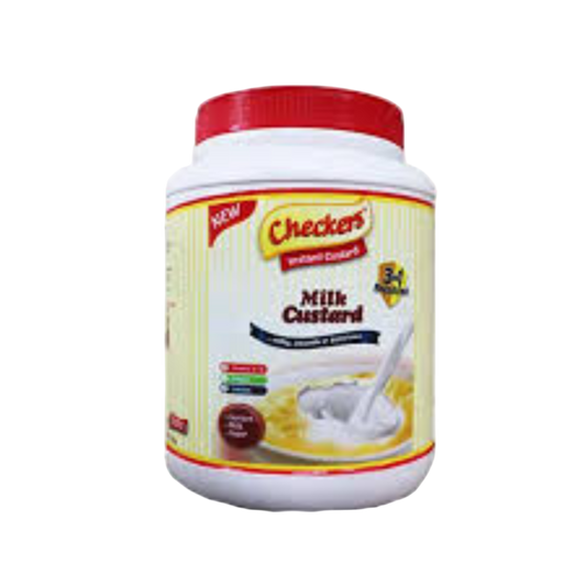 Container of Checkers Milk Custard on a white background