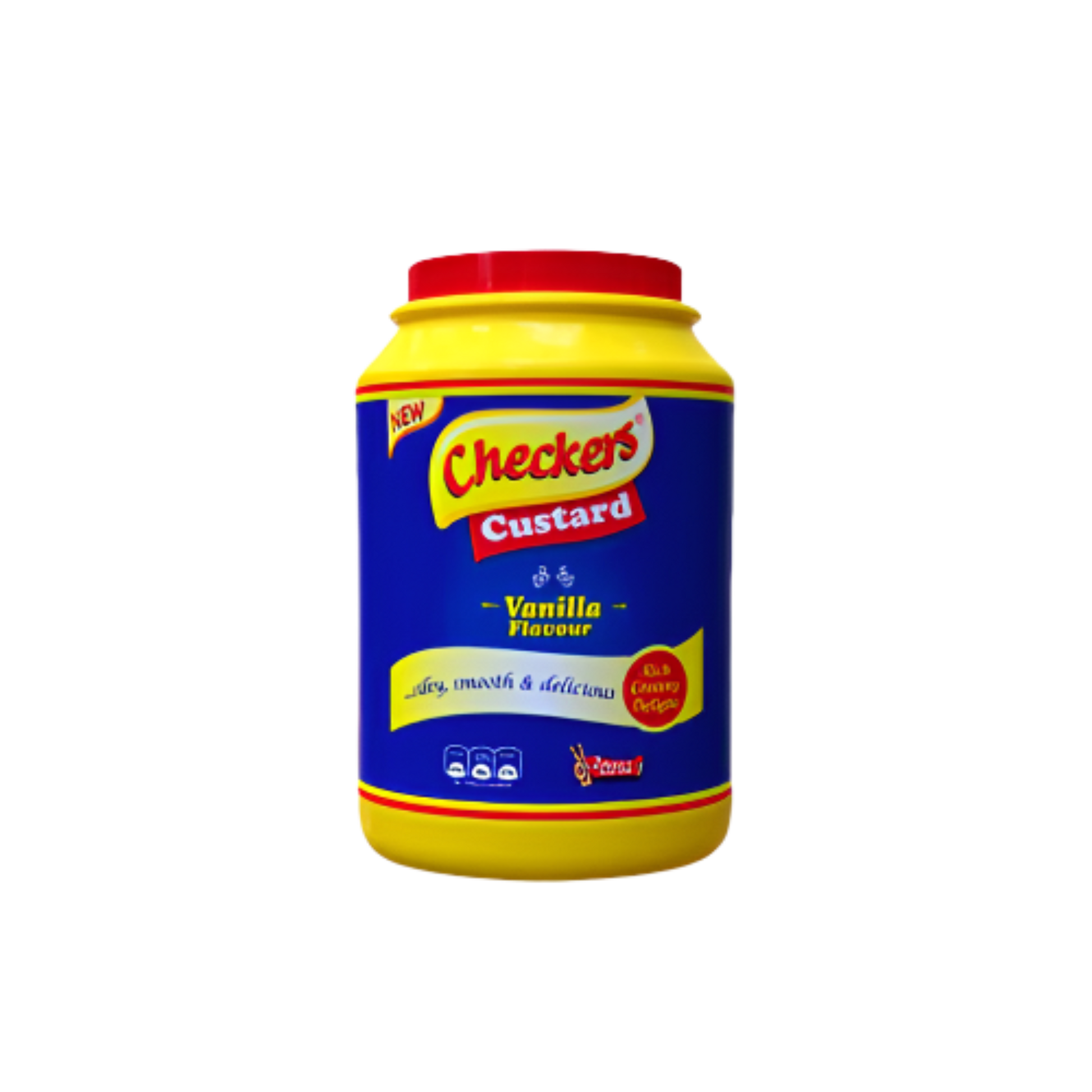 Checkers Custard container with yellow lid and blue label on a white background