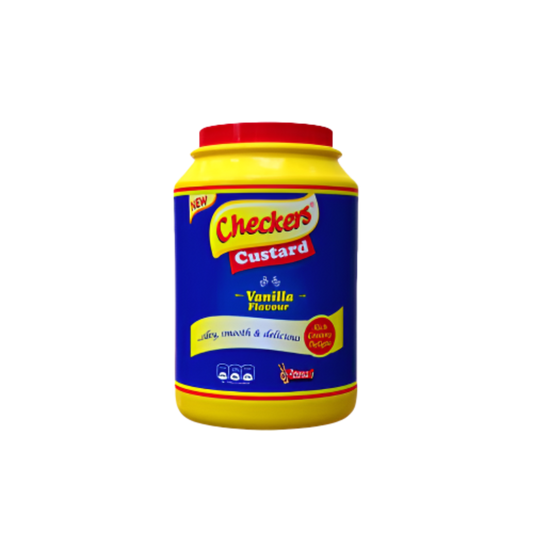 Checkers Custard container with yellow lid and blue label on a white background