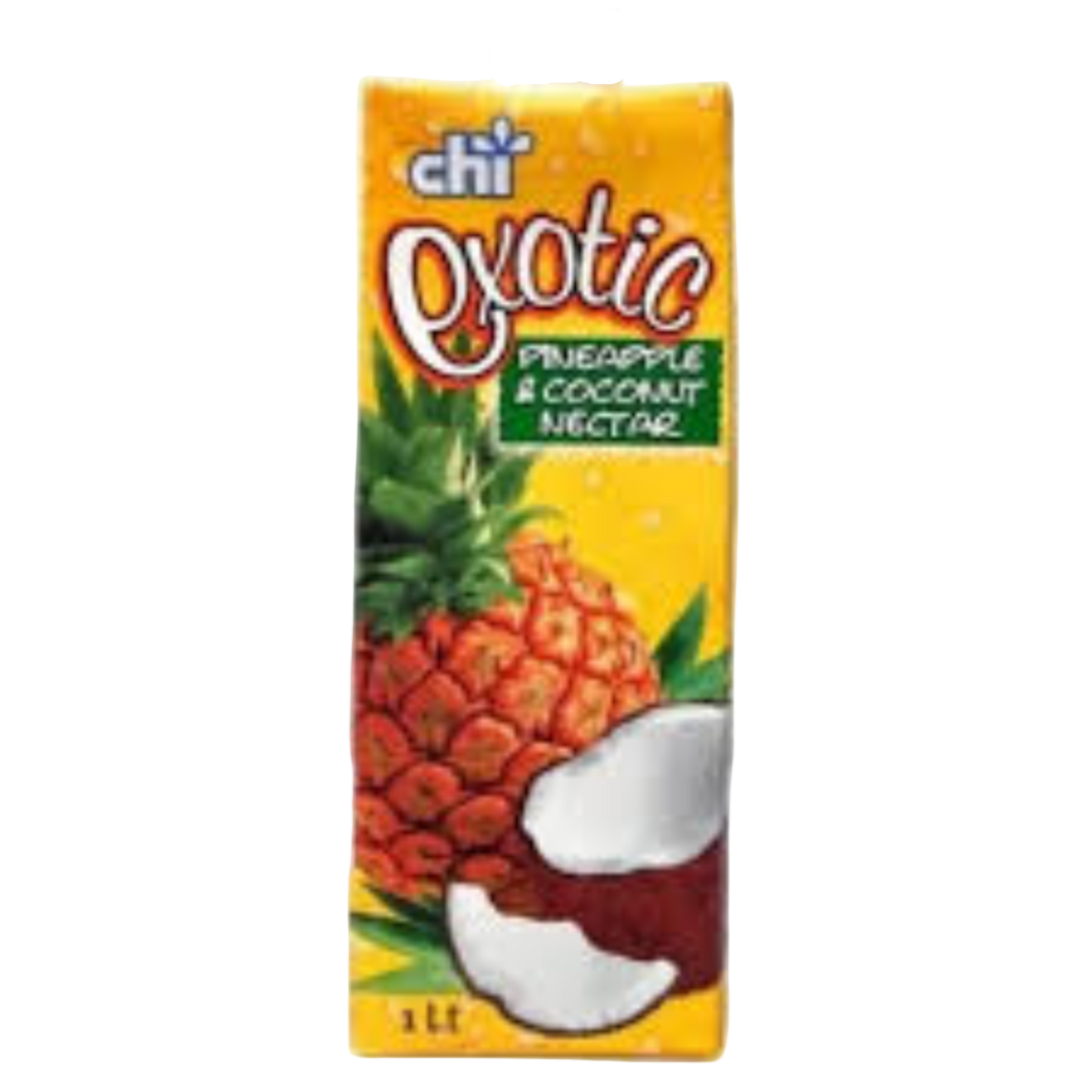 Exotic pineapple coconut juice box with brand logo on a white background