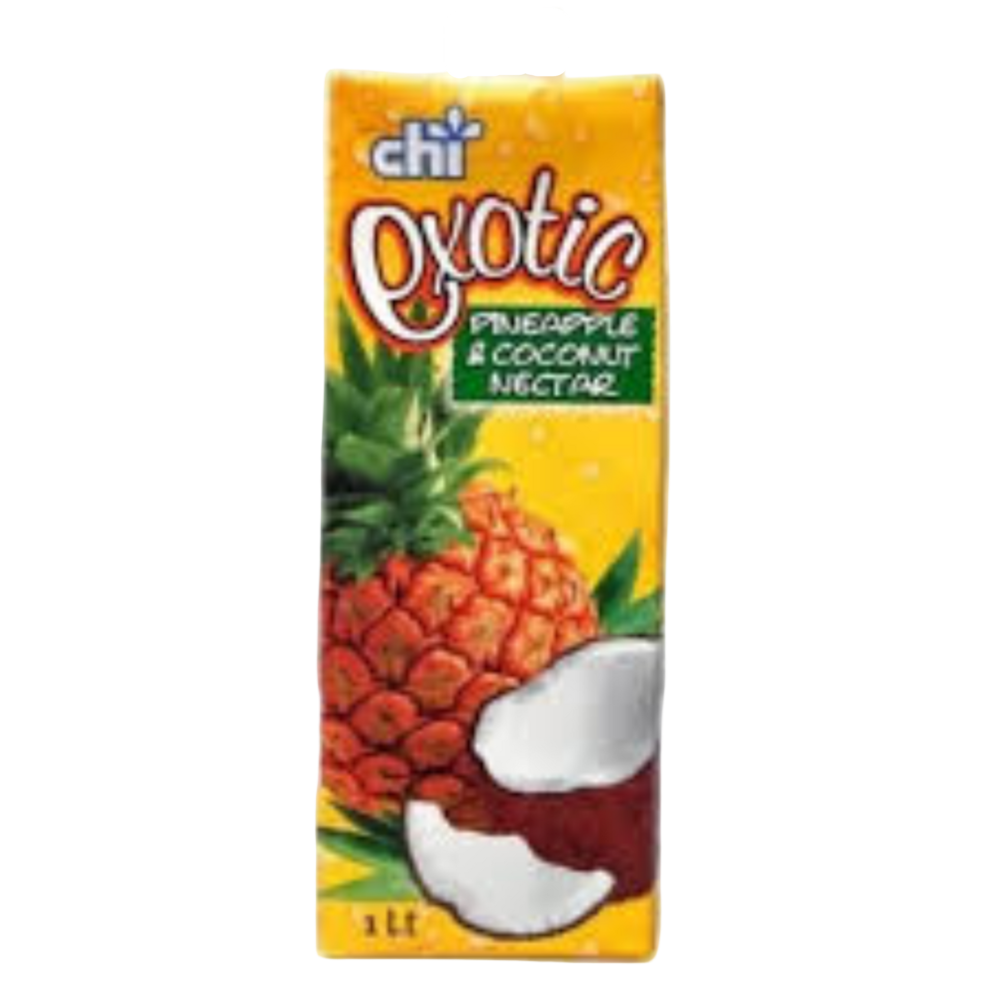 Exotic pineapple coconut juice box with brand logo on a white background