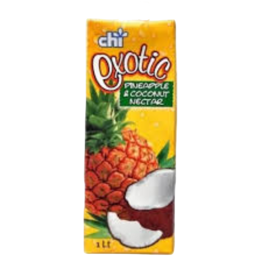 Exotic pineapple coconut juice box with brand logo on a white background