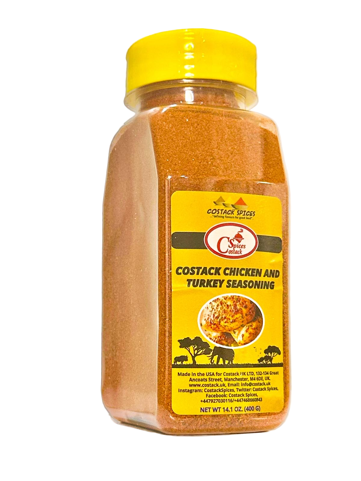 Bottle of Costack Chicken and Turkey Seasoning on a white background