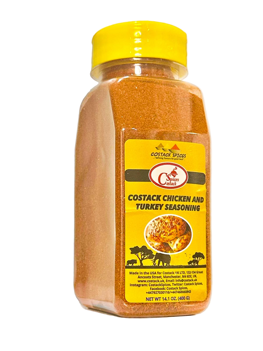 Bottle of Costack Chicken and Turkey Seasoning on a white background