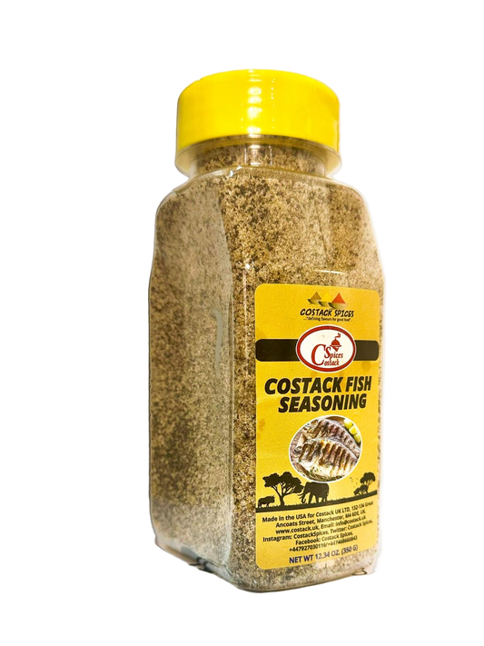 Bottle of Costack Fish Seasoning on a white background