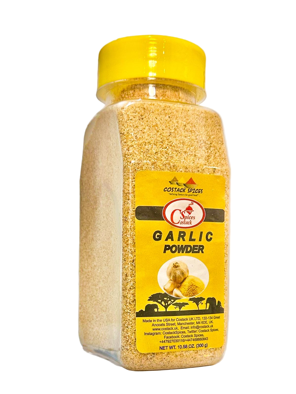 Bottle of costack Garlic Powder on a white background