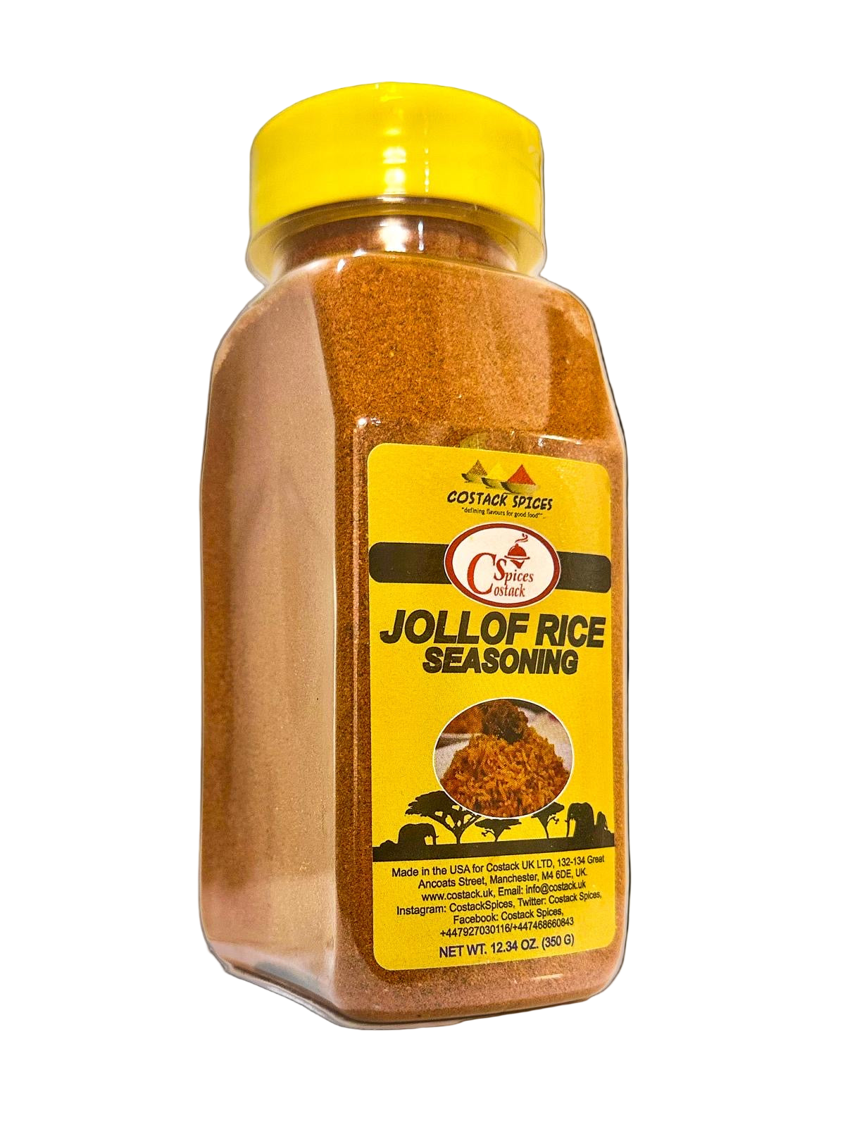 Bottle of Jollof Rice Seasoning with yellow lid and label on a white background