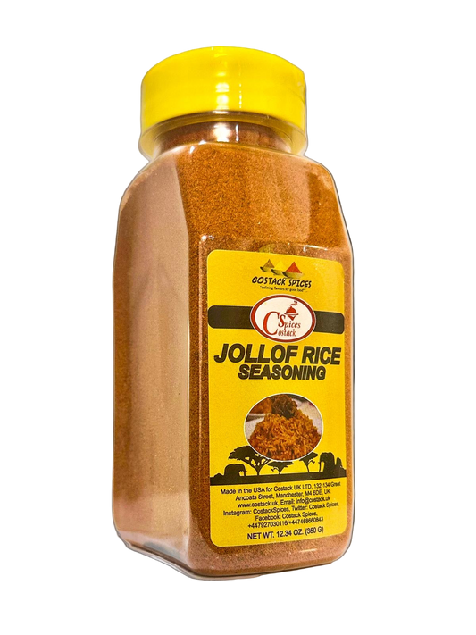 Bottle of Jollof Rice Seasoning with yellow lid and label on a white background