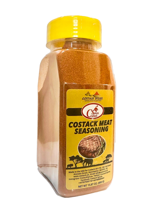 Bottle of Costack Meat Seasoning with yellow lid and label on a white background