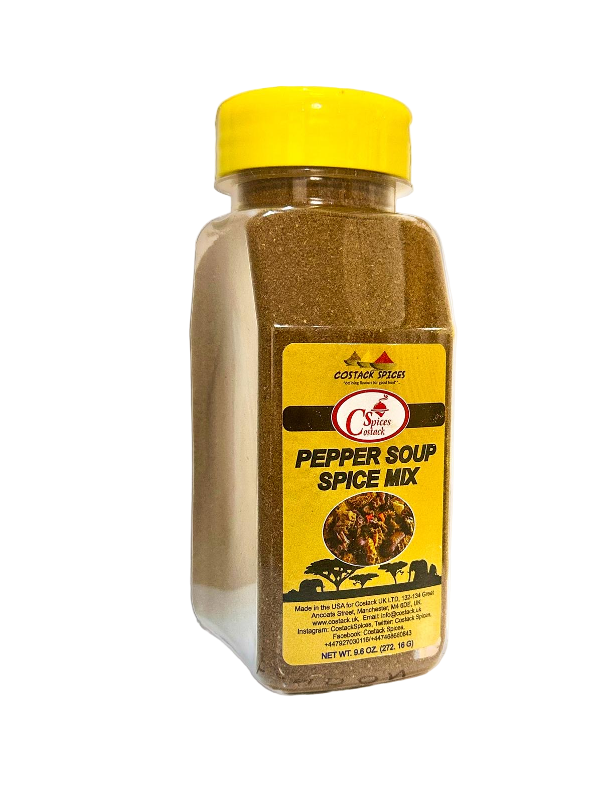 Jar of pepper soup spice mix with yellow lid on a white background