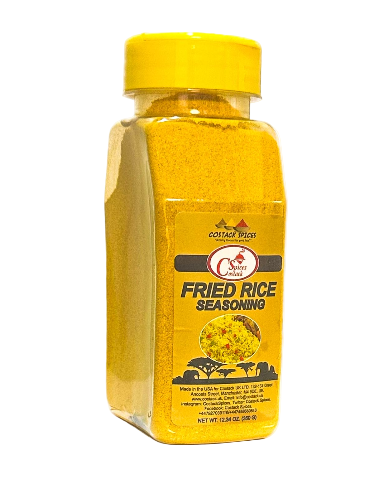 Bottle of fried rice seasoning with yellow label on a white background