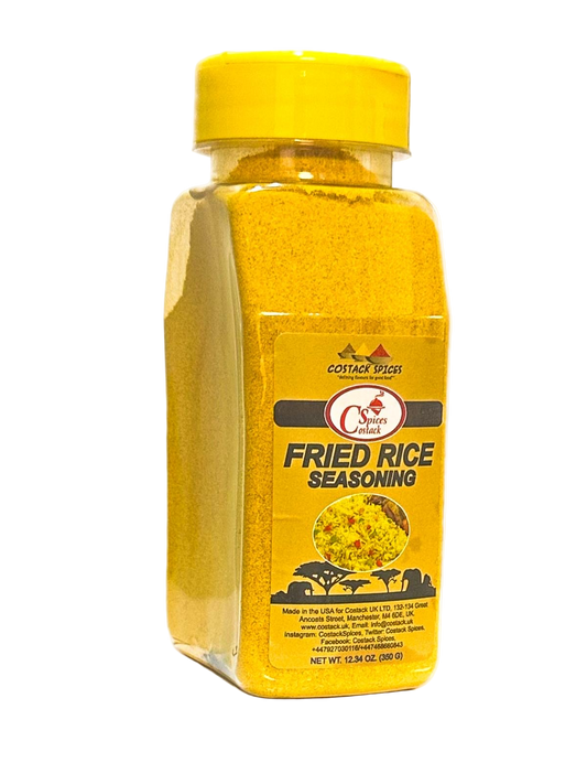 Bottle of fried rice seasoning with yellow label on a white background