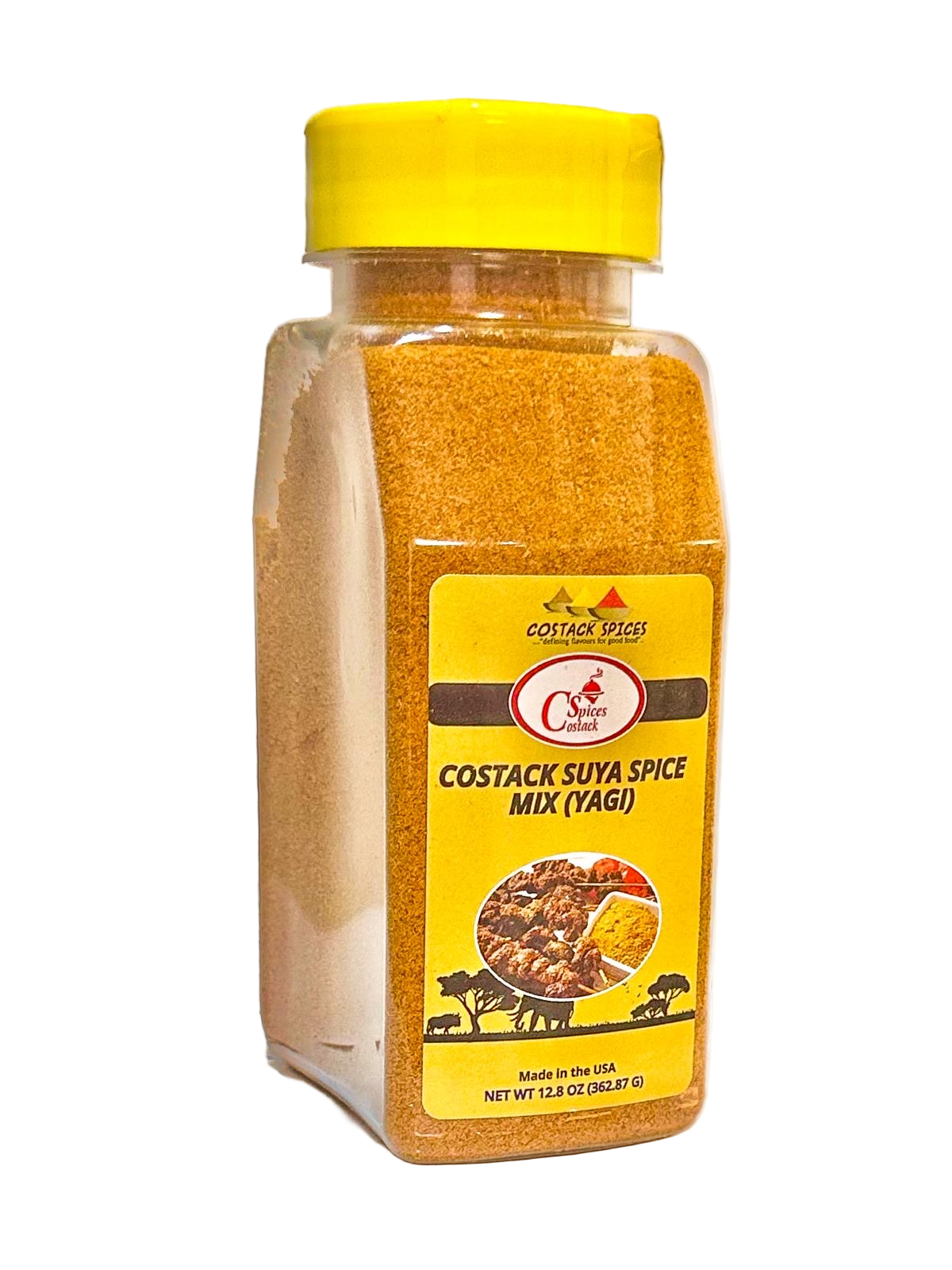 Bottle of Costack Suya Spice Mix with yellow lid and label on a white background