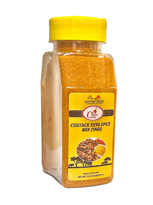 Bottle of Costack Suya Spice Mix with yellow lid and label on a white background