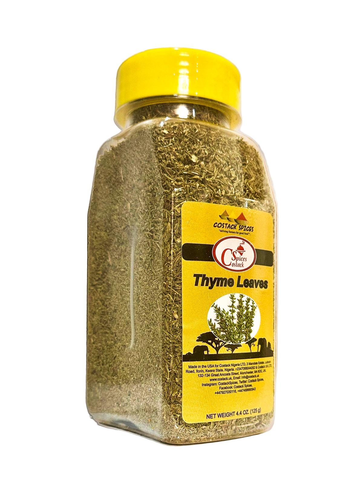 Bottle of thyme leaves with a yellow label on a white background