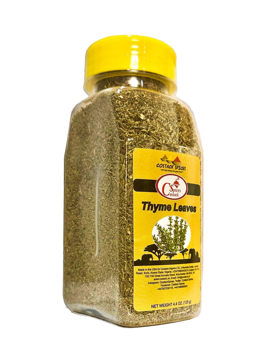 Bottle of thyme leaves with a yellow label on a white background