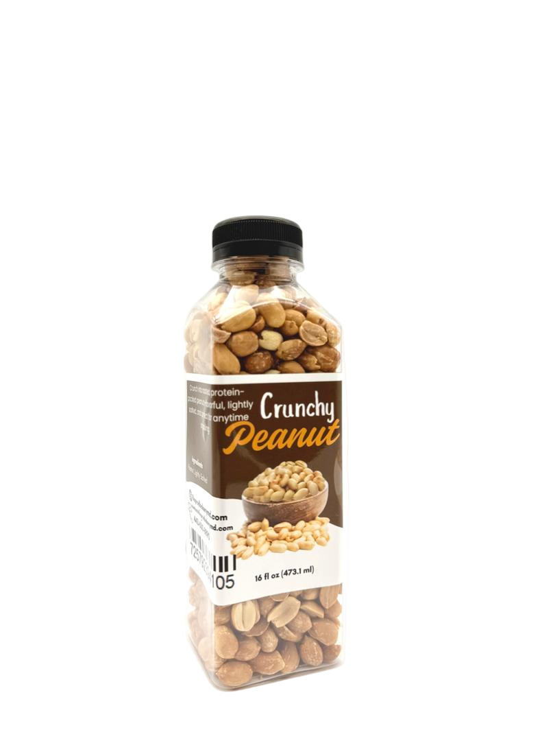 Bottle of crunchy peanuts on a white background