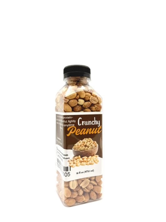 Bottle of crunchy peanuts on a white background