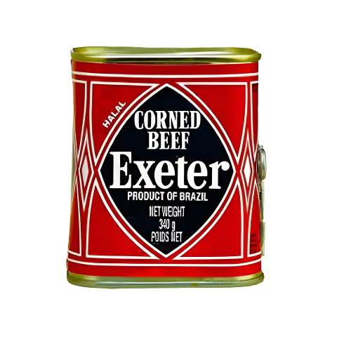 Can of Exeter corned beef on a white background