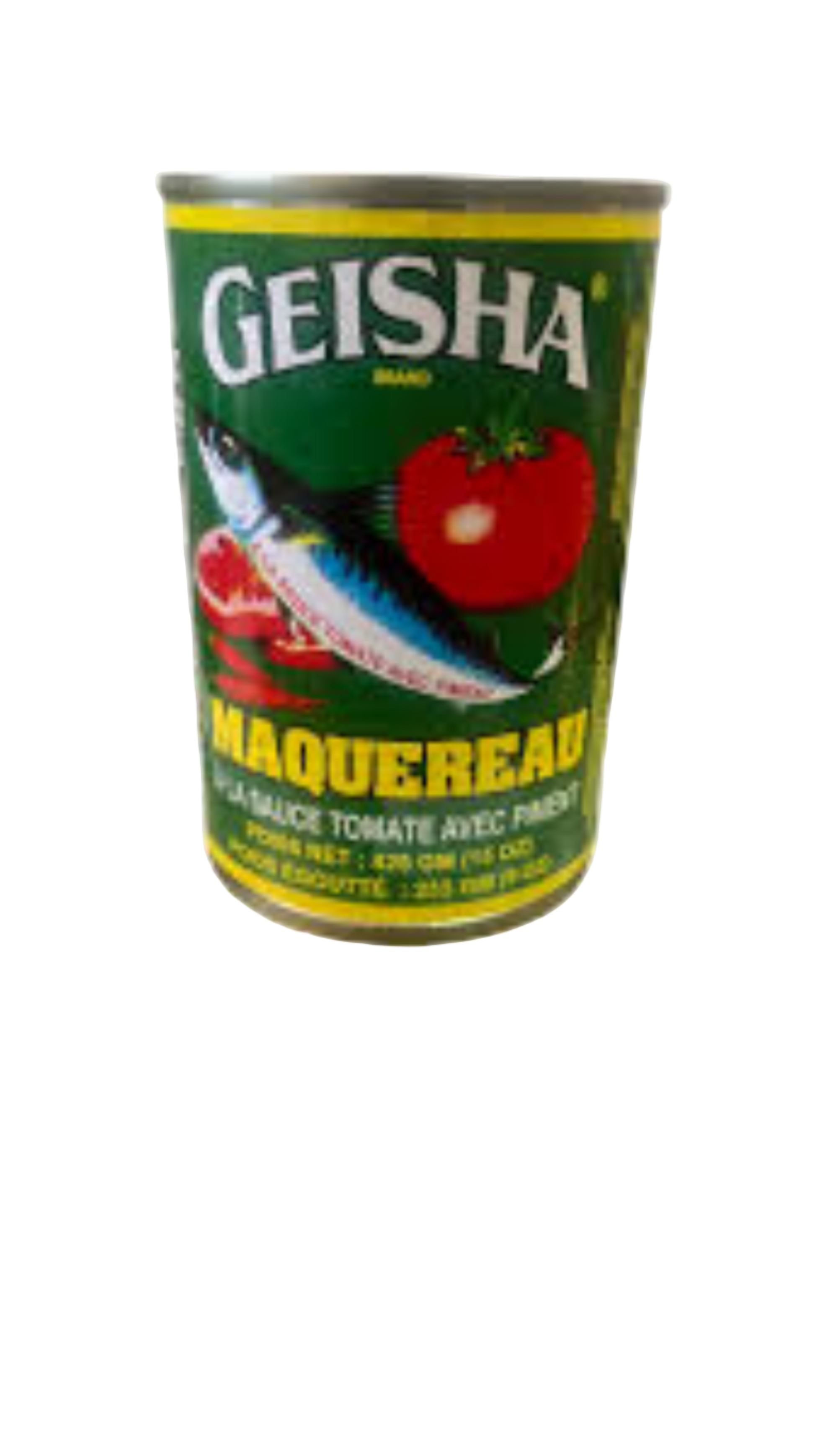 Geisha Maquereau can with tomato and fish illustration on a white background
