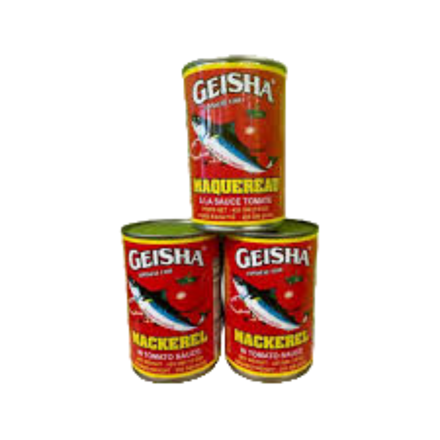 Three cans of Geisha Mackeral Soup on a white background