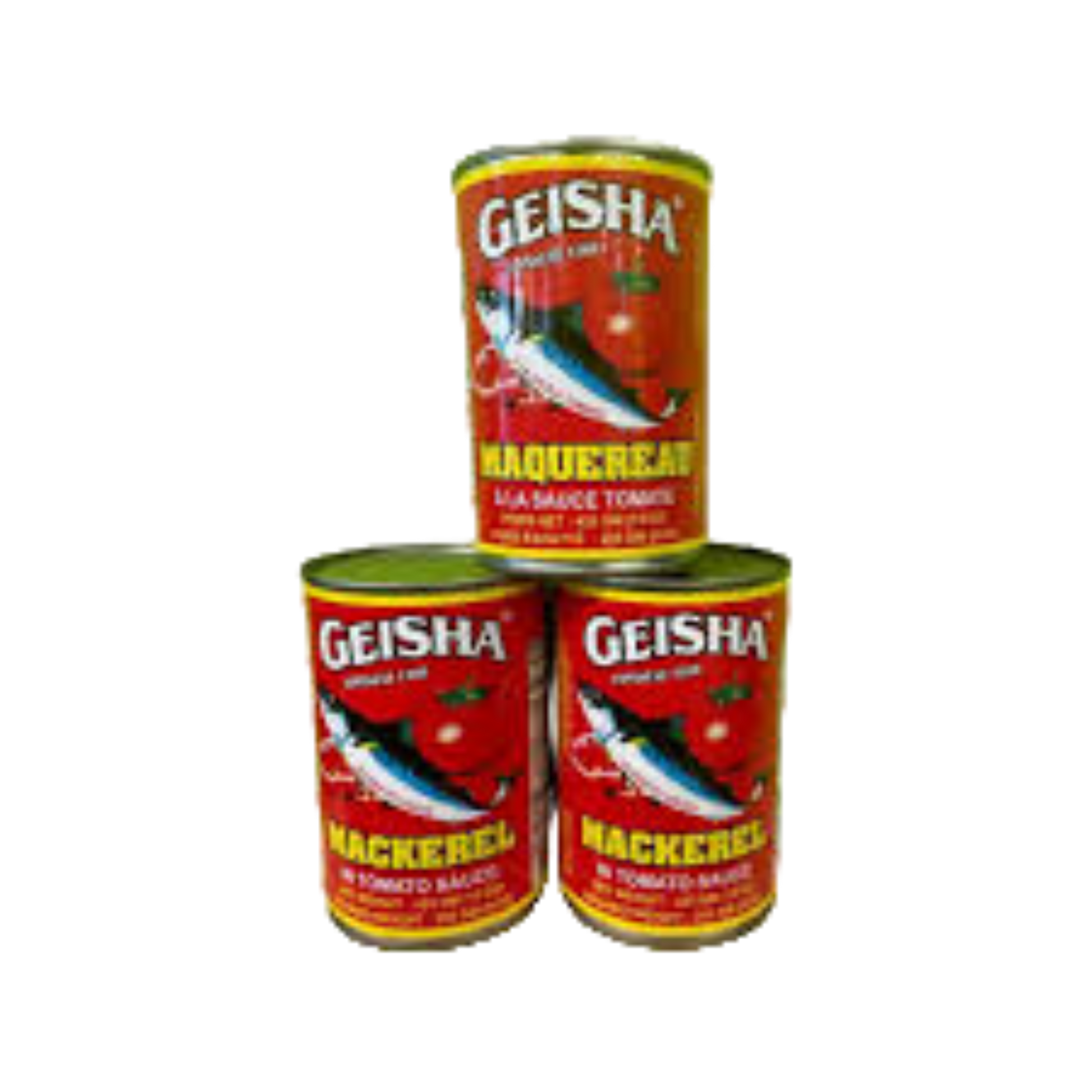 Three cans of Geisha Mackeral Soup on a white background