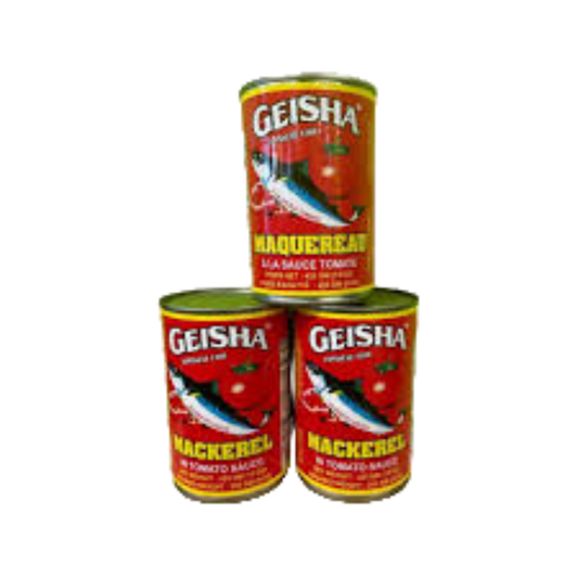 Three cans of Geisha Mackeral Soup on a white background