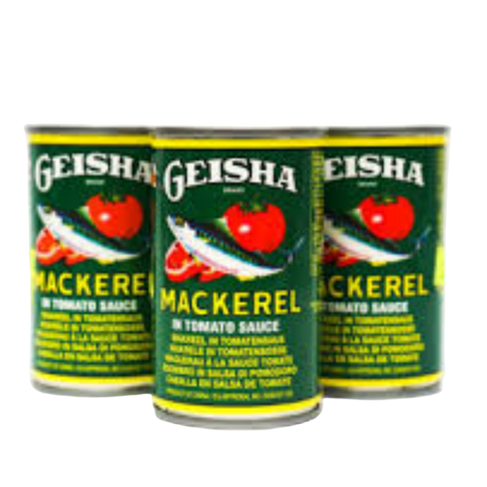 Three cans of GEISHA mackerel in tomato sauce on a white background