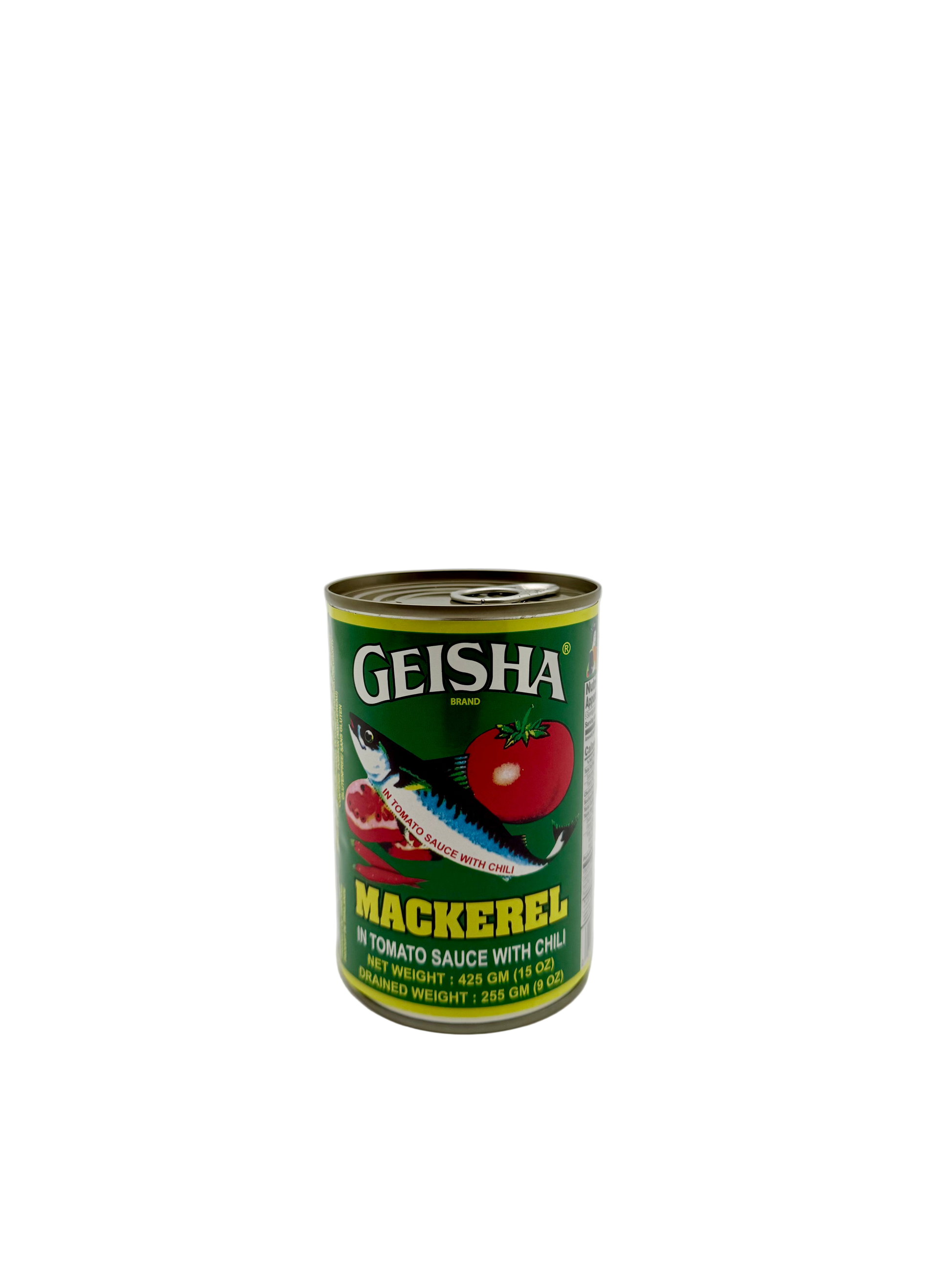 Can of Geisha Mackerel in Tomato Sauce with Chili on a white background