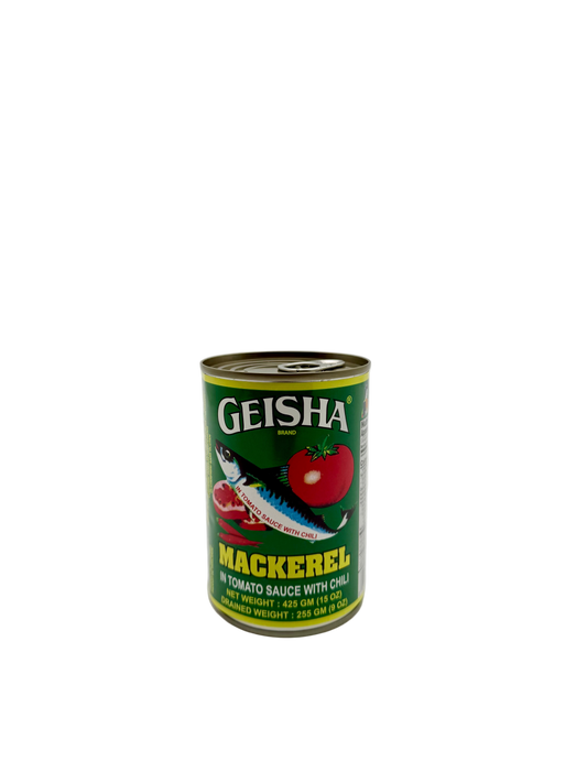 Can of Geisha Mackerel in Tomato Sauce with Chili on a white background