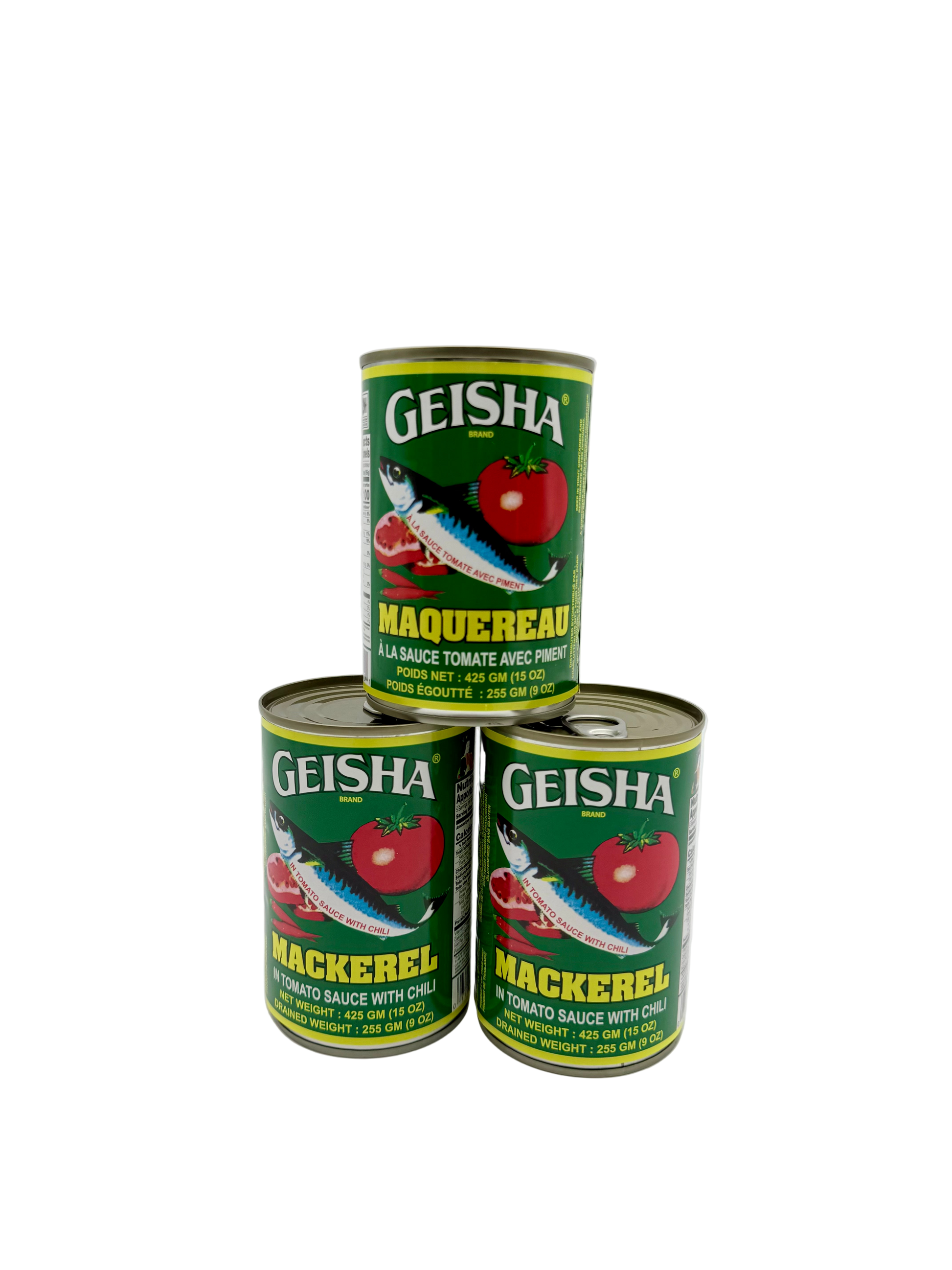 Three cans of Geisha Mackerel in tomato sauce with chili on a white background