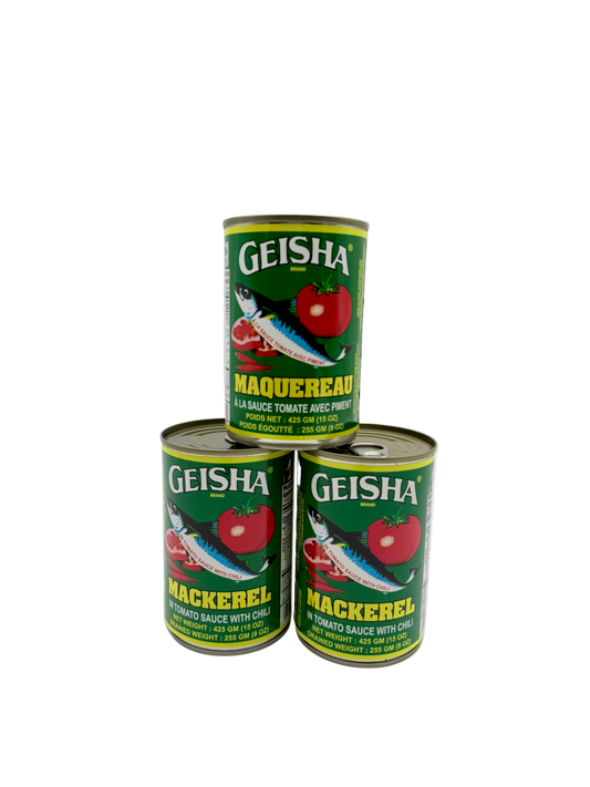 Three cans of Geisha Mackerel in tomato sauce with chili on a white background