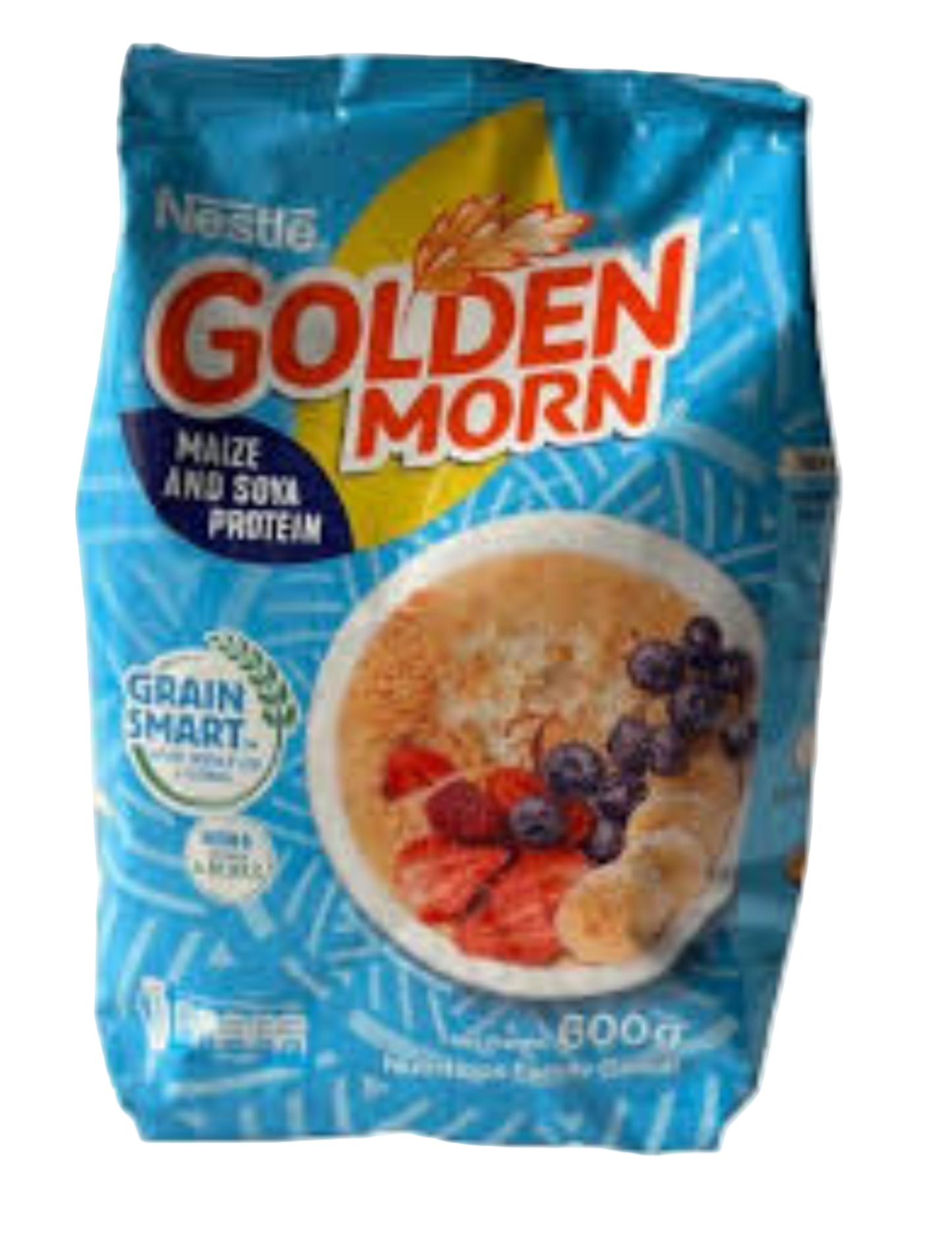 Bag of Nestle Golden Morn cereal with a blue background
