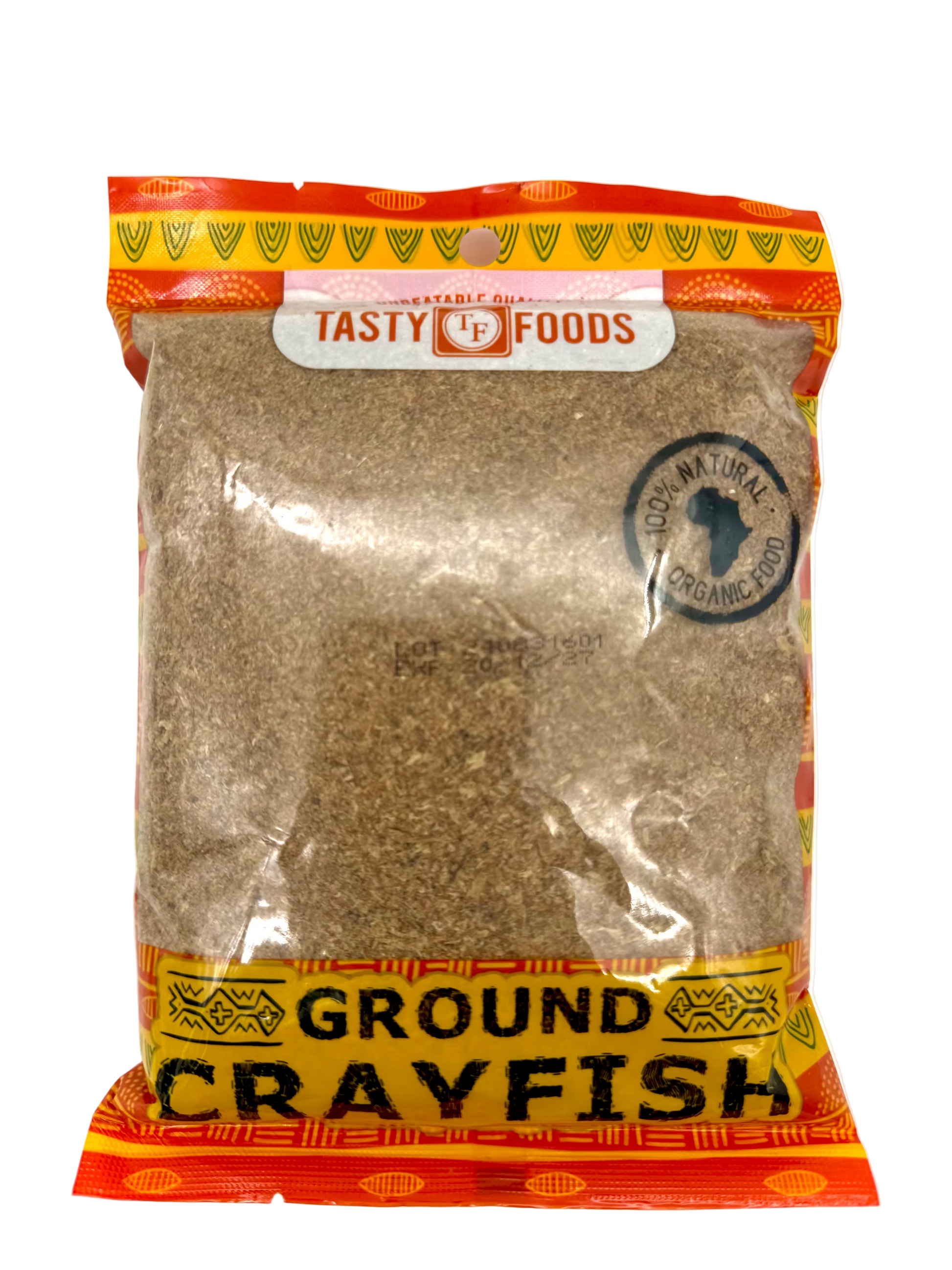 Packaged ground crayfish with 'Tasty Foods' branding on a white background