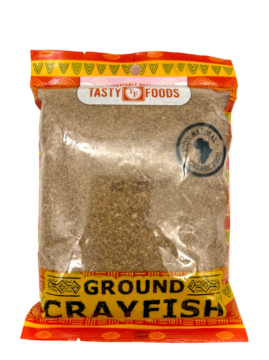 Packaged ground crayfish with 'Tasty Foods' branding on a white background