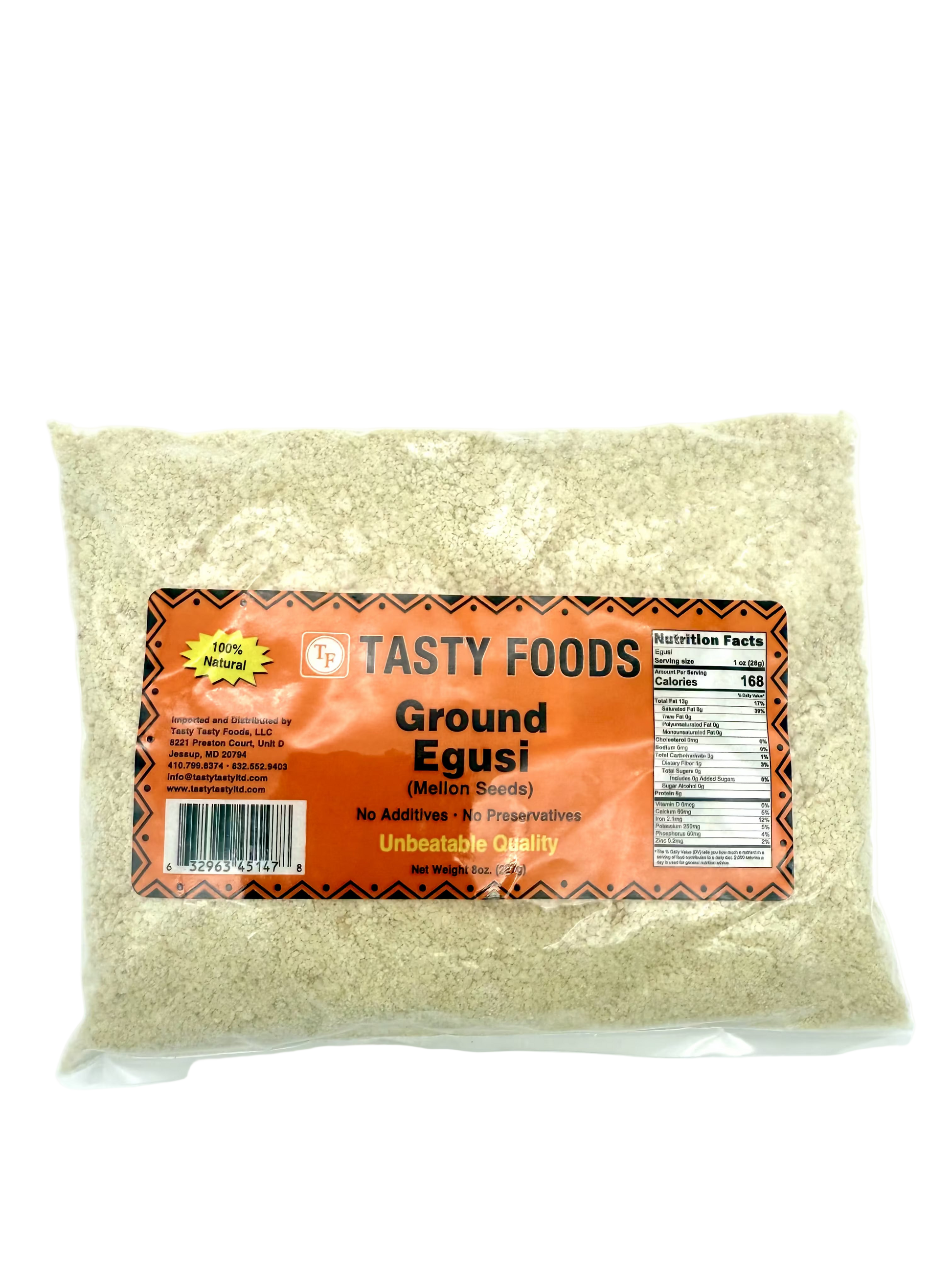 Packaged ground egusi seeds with Tasty Foods label on a white background